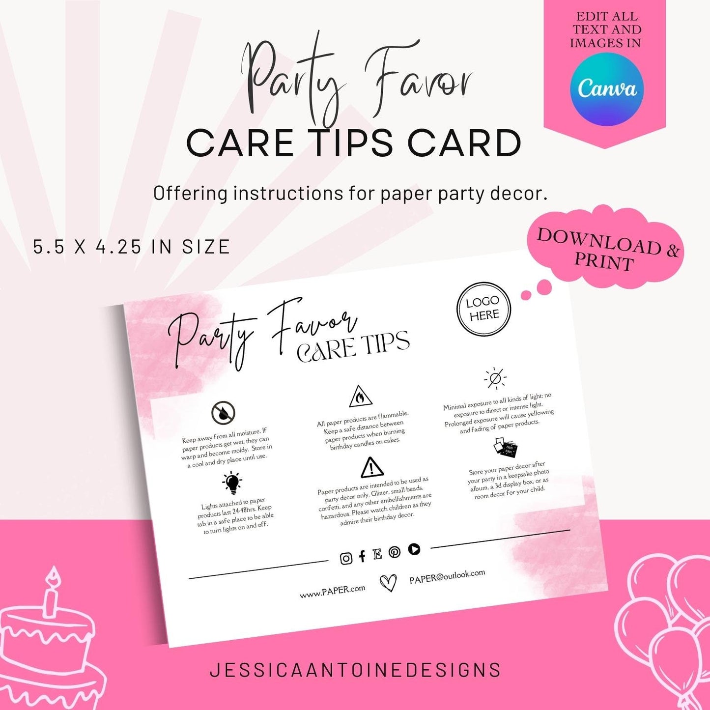 Party Favor Care Card Template, Canva Editable Party Favors Care Card Tips, Printable Care Card Guide, Instant Download