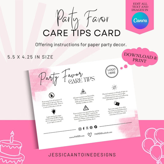 Party Favor Care Card Template, Canva Editable Party Favors Care Card Tips, Printable Care Card Guide, Instant Download